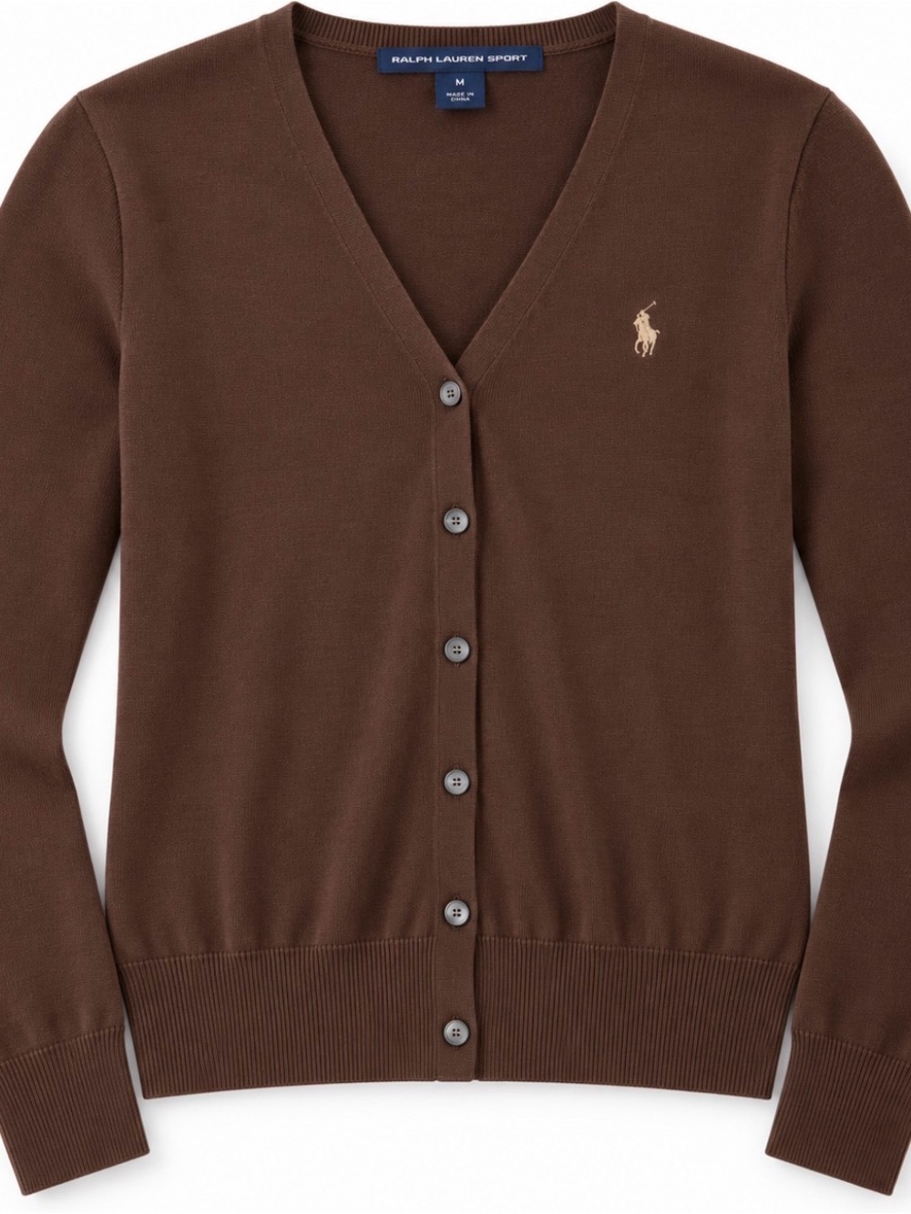 Ralph Lauren Brown V-Neck Button-Front Cardigan with Contrast Pony Logo